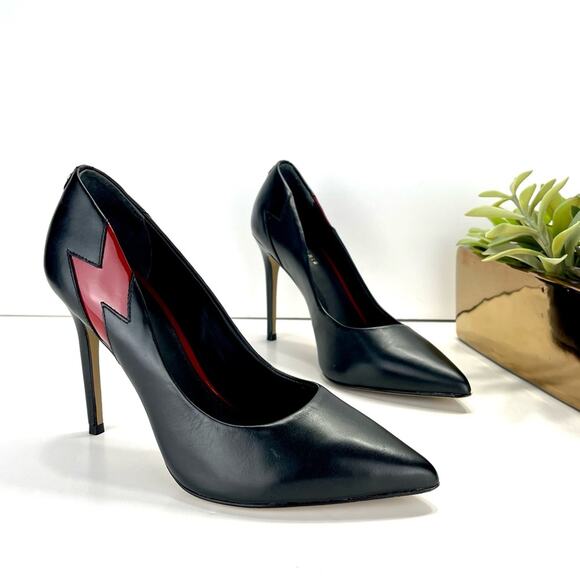 Cosmoparis Stiletto Heel Pump Sz 8 Black & Red Leather Closed Pointed Toe Padded - Picture 5 of 16